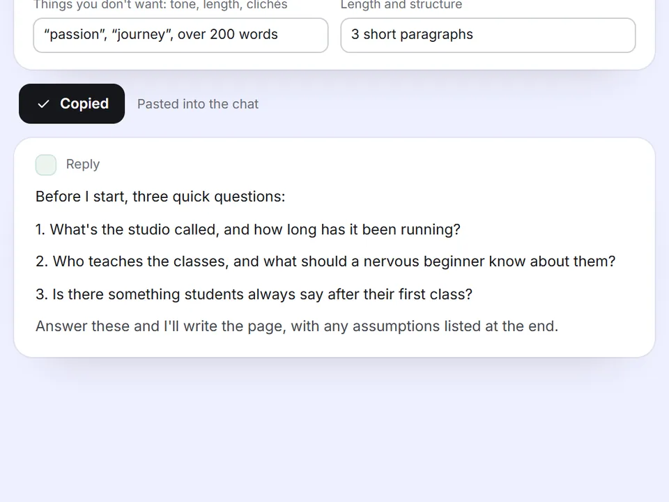 Short preview: the blanks of the brief prompt are filled in, the prompt is copied, and the AI replies by asking three questions first.