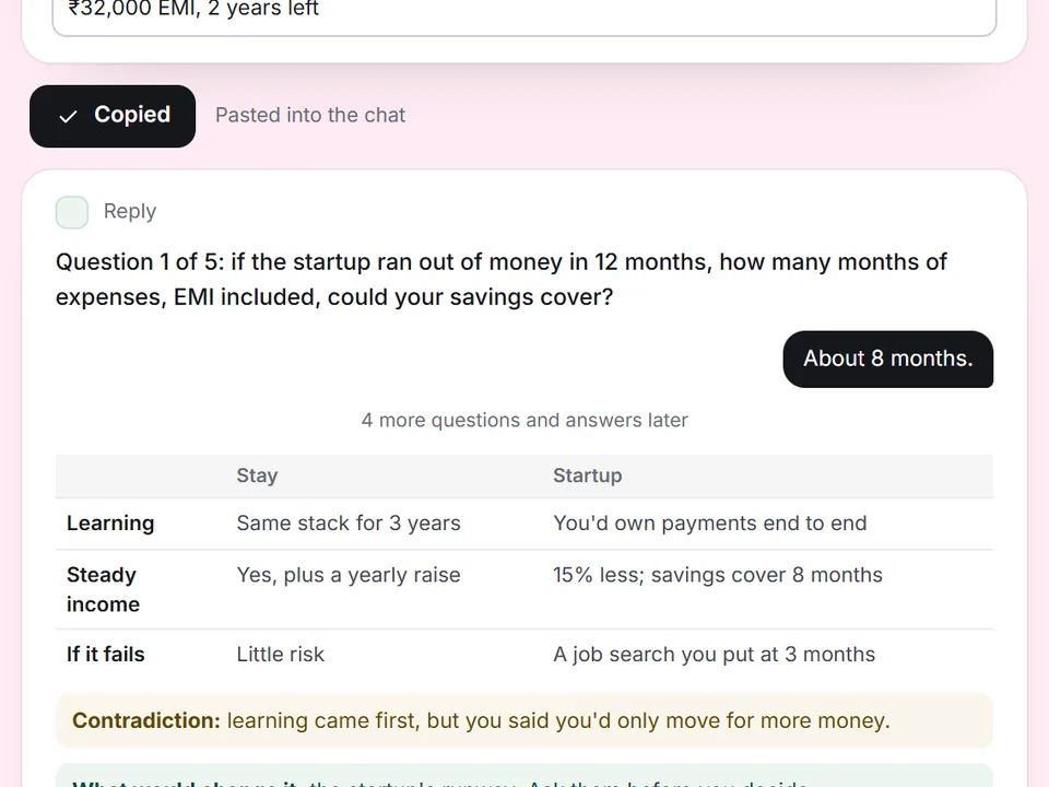 Short preview: two options are filled in, the AI asks its first question, then lays out the trade-offs in a table.