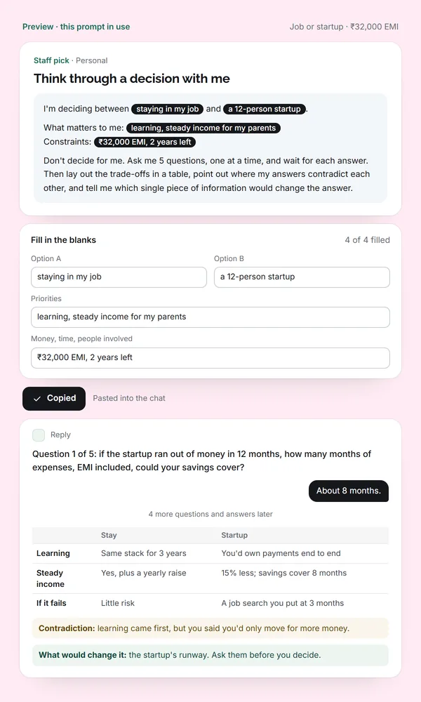 Short preview: two options are filled in, the AI asks its first question, then lays out the trade-offs in a table.