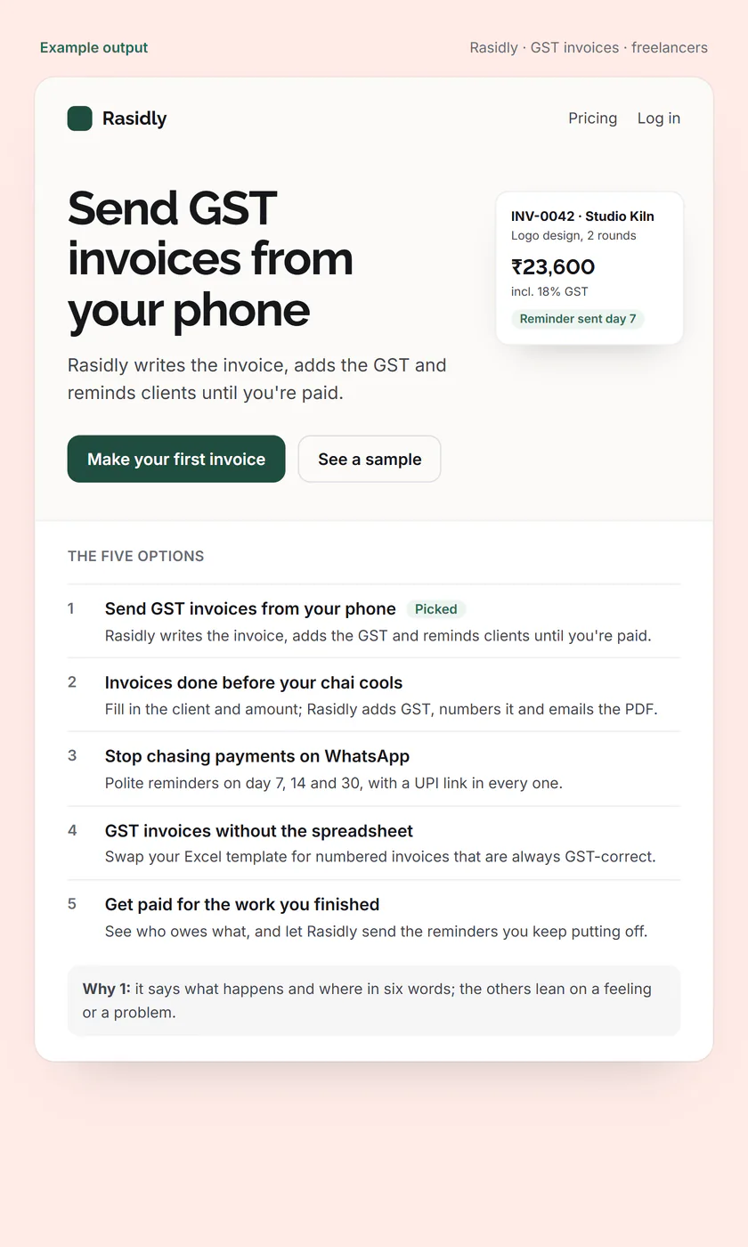 Example output: a landing page hero for an invoicing app using the chosen headline, “Send GST invoices from your phone”, above the five headline options the prompt produced.