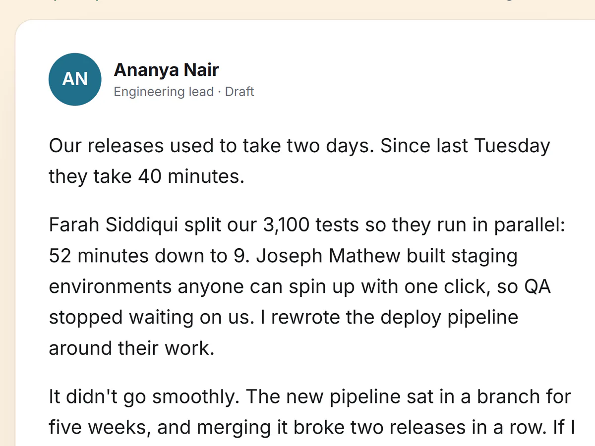Example output: a short social post about cutting a team's release time from two days to forty minutes, crediting two colleagues, with no hashtags.