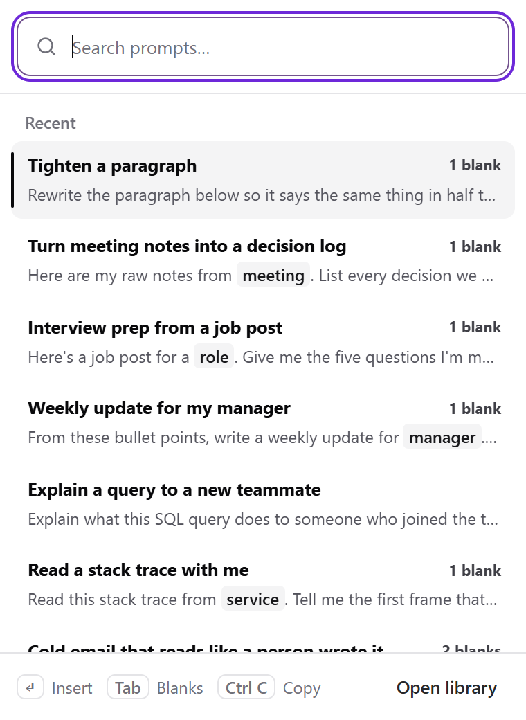 Quick search listing recent prompts with how many blanks each has, and keys for Insert, Blanks and Copy.