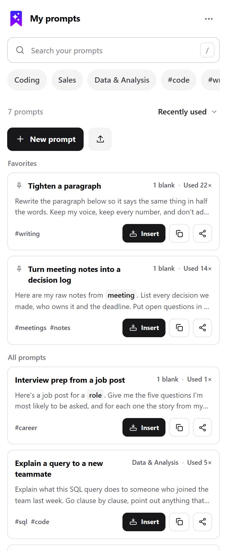 The side panel listing saved prompts with search, filters, favourites and an Insert button on each.