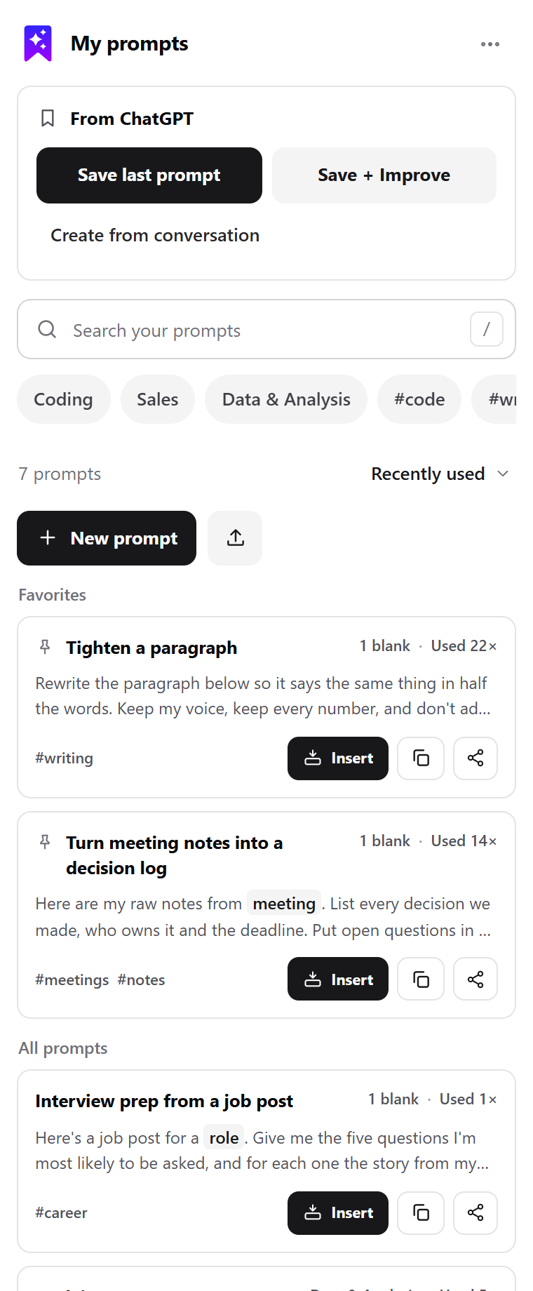 The side panel on a chat site, with Save last prompt, Save + Improve and Create from conversation above the saved prompts.
